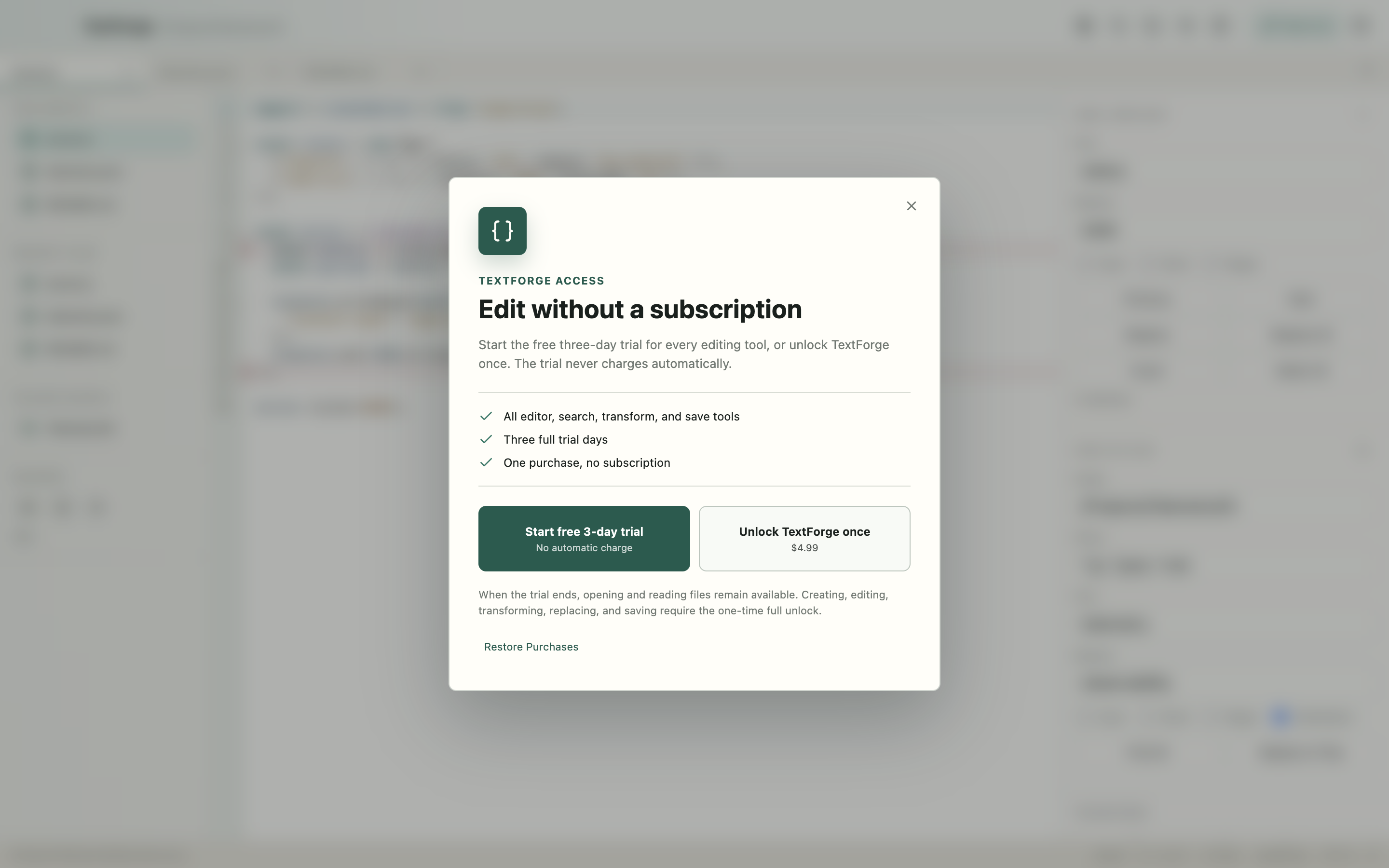 TextForge Access showing the free trial and one-time Full Unlock