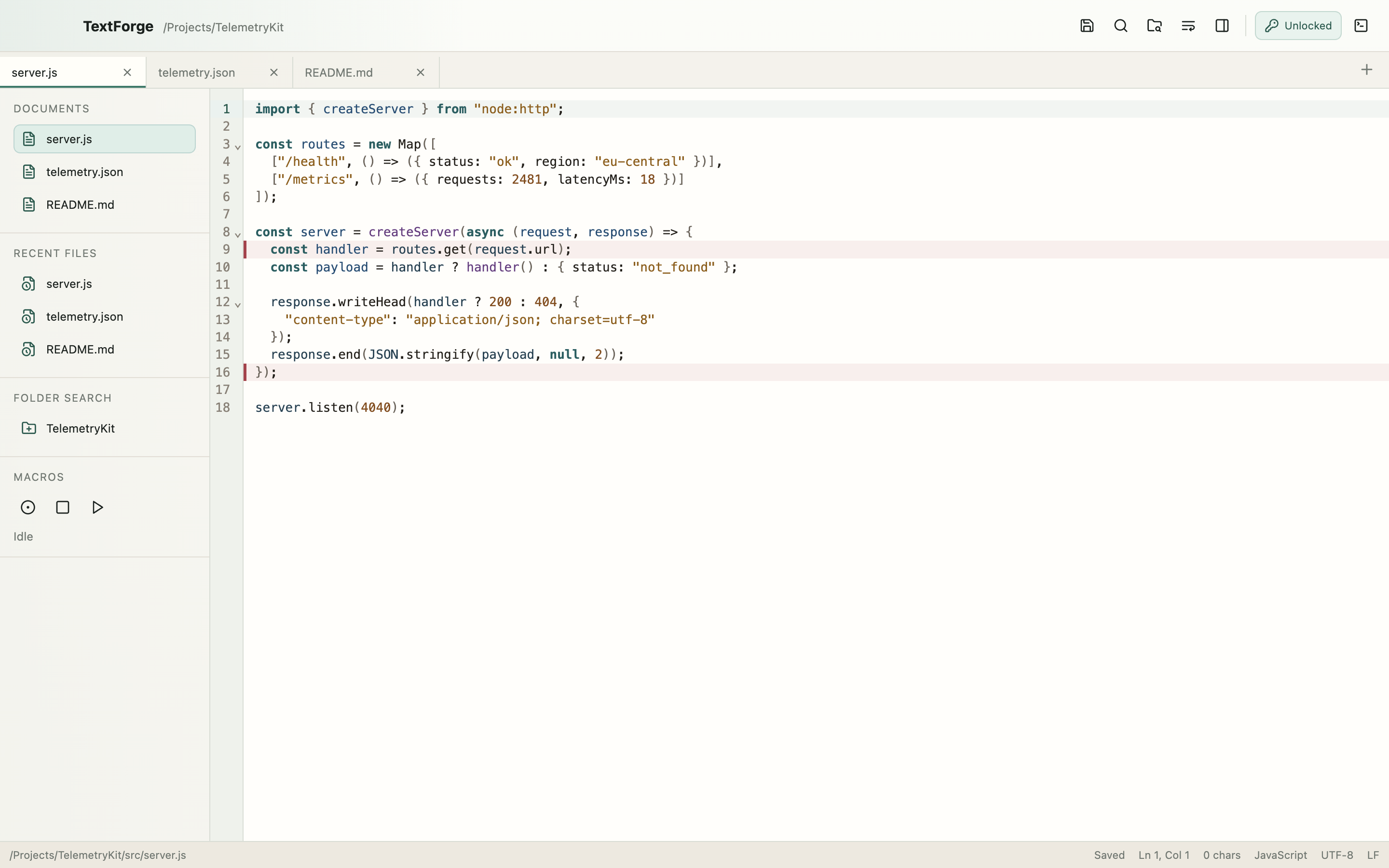 TextForge editing a JavaScript file with multiple document tabs