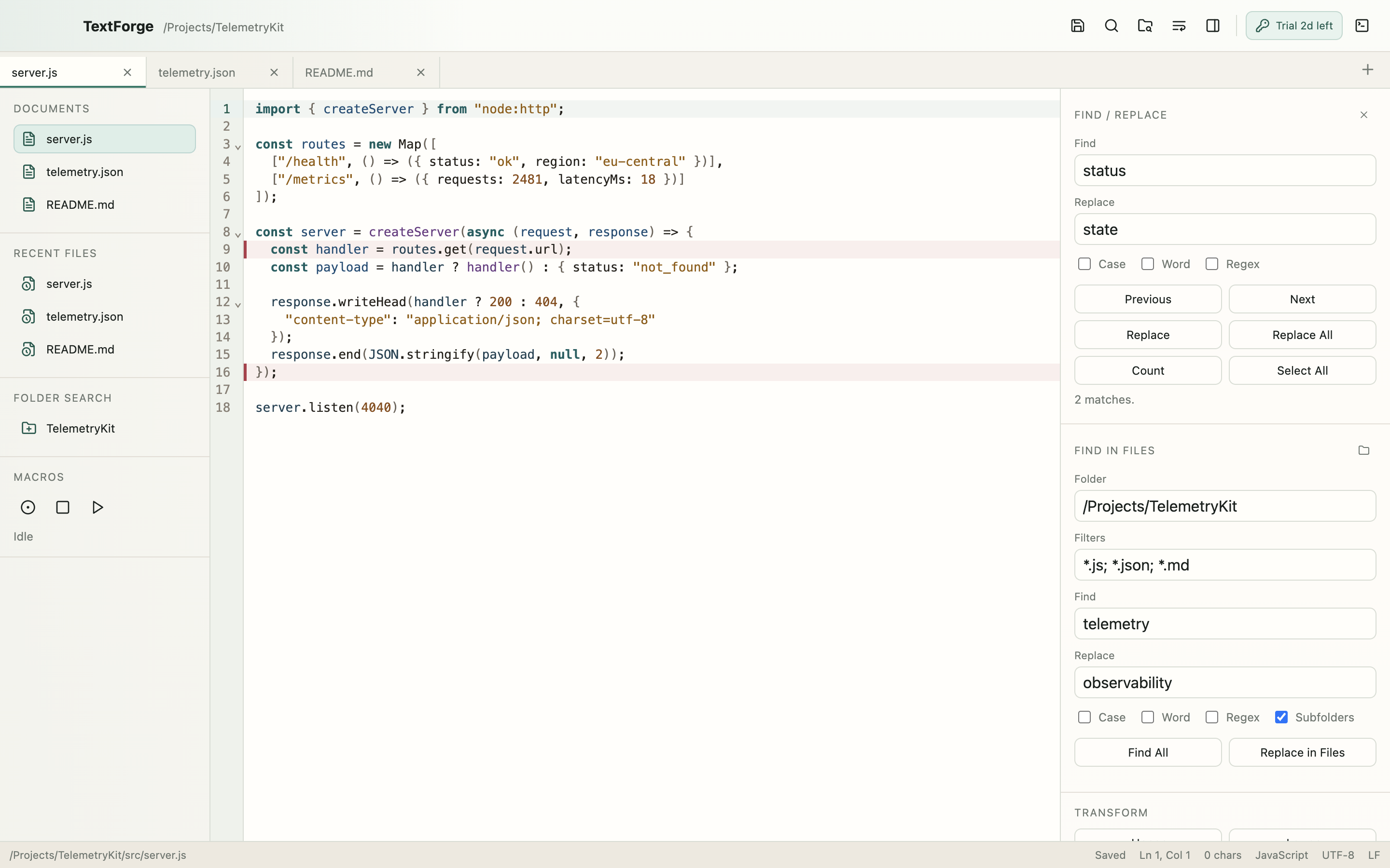 TextForge Find, Replace, Find in Files, and Transform tools